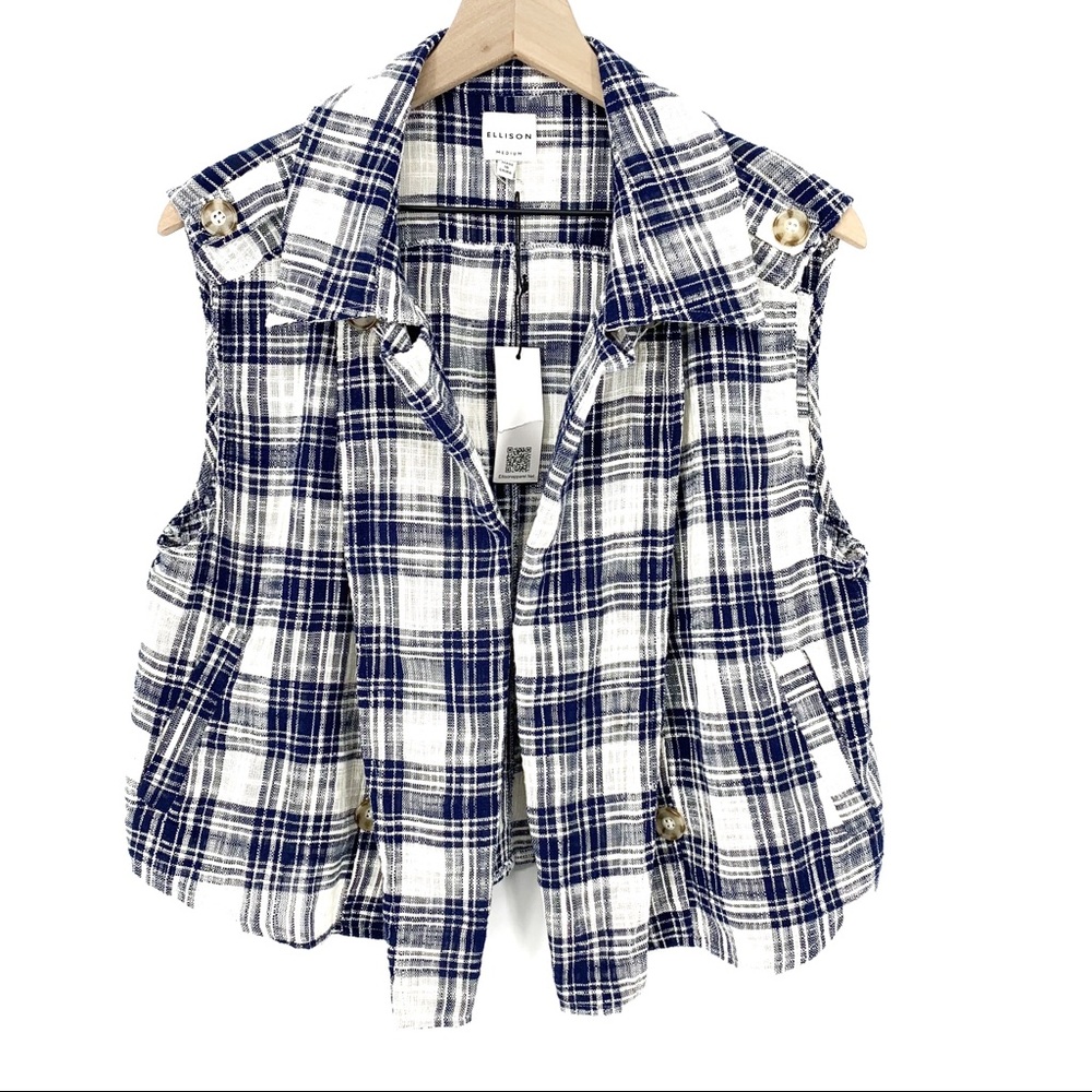 Ellison Plaid Sleeveless Utility Vest Blue White Cotton Button Front M Preppy